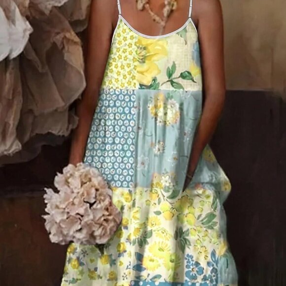 Yellow Boho Women's Floral Print Spaghetti Strap Dress - Picture 1 of 5
